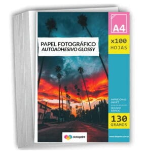 Papel fotográfico autoadhesivo, acabado brillante glossy. Tamaño A4. Gramaje de130 gramos. Resma de 100 hojas.